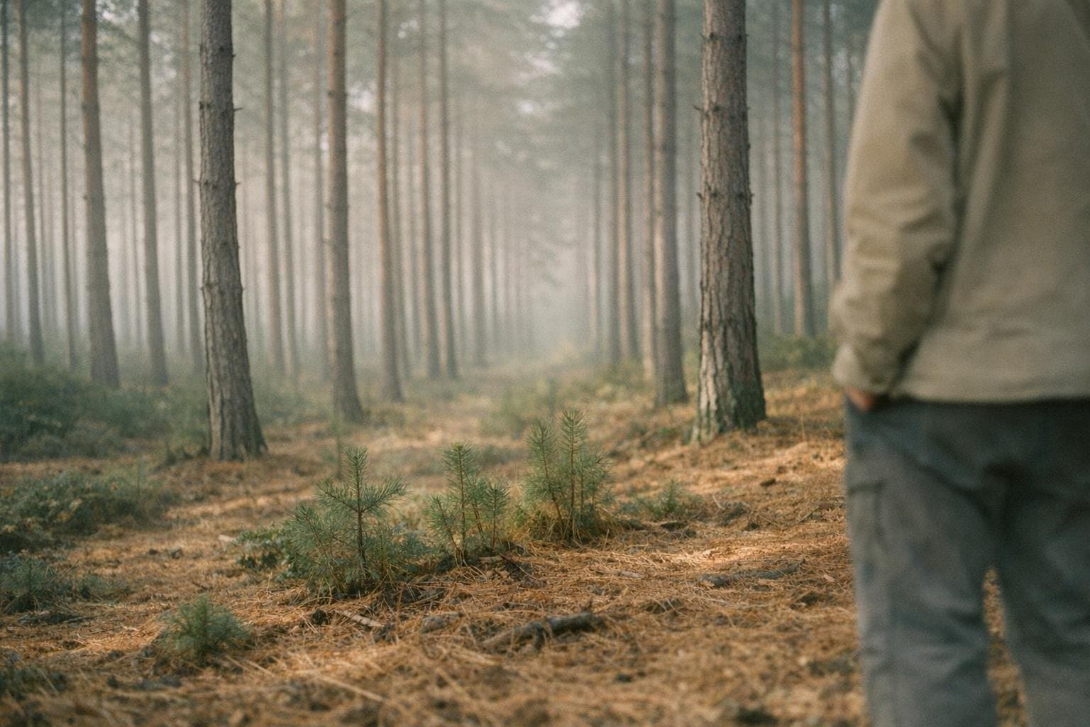 A managed pine forest in morning mist
