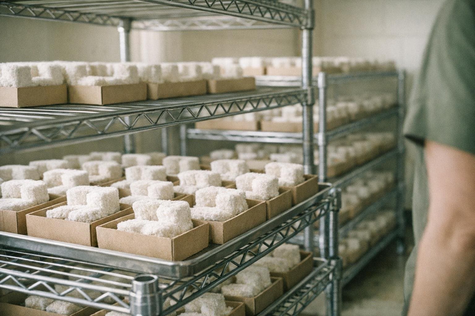 Trays of mycelium corner protectors growing in moulds